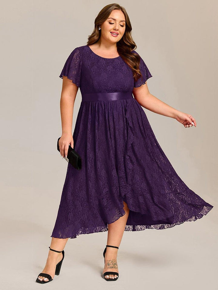 ever SEVYN|Short Sleeve Ruffled Empire Waist Lace Midi Formal Dress