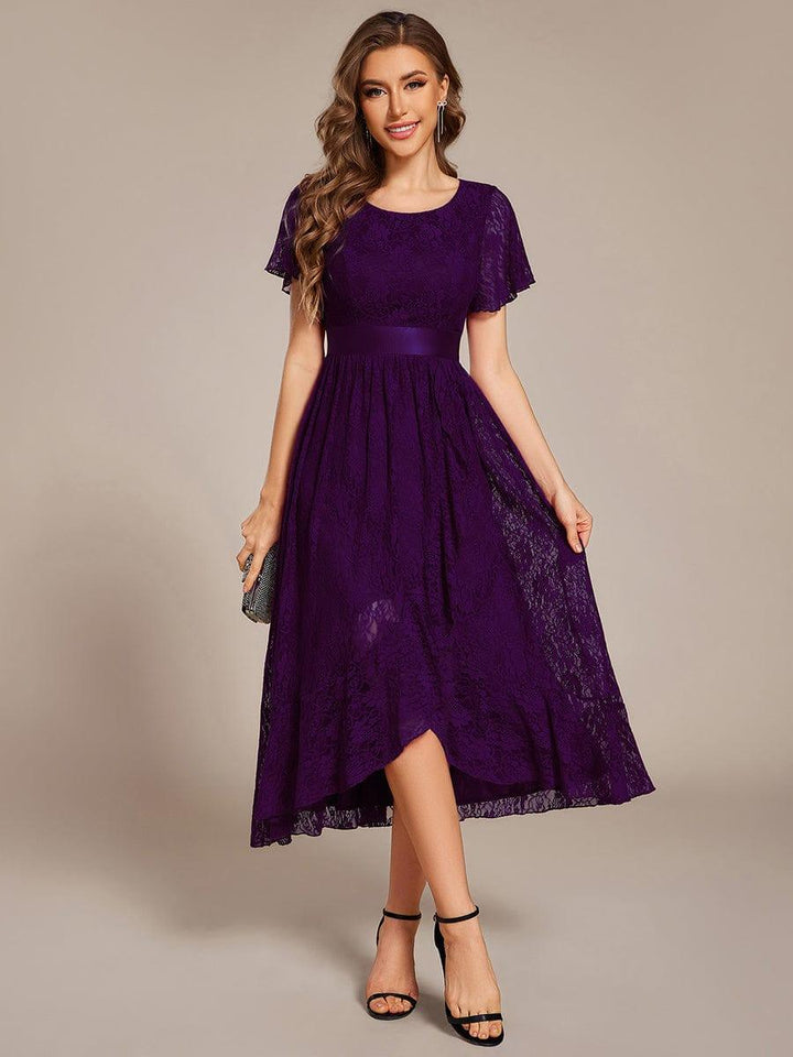 ever SEVYN|Short Sleeve Ruffled Empire Waist Lace Midi Formal Dress