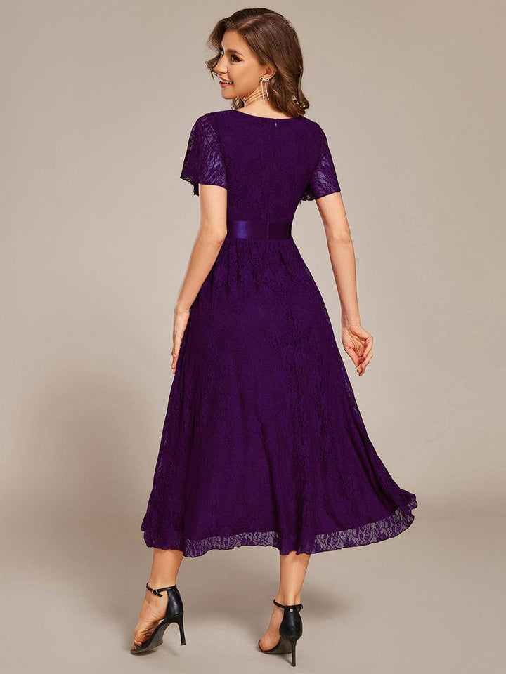 ever SEVYN|Short Sleeve Ruffled Empire Waist Lace Midi Formal Dress
