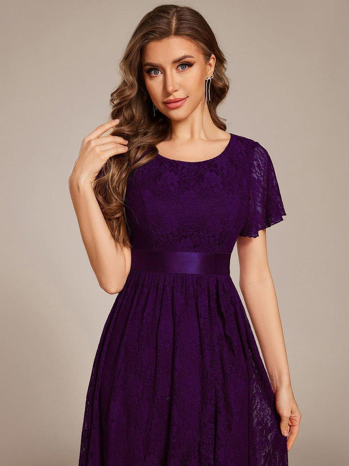 ever SEVYN|Short Sleeve Ruffled Empire Waist Lace Midi Formal Dress