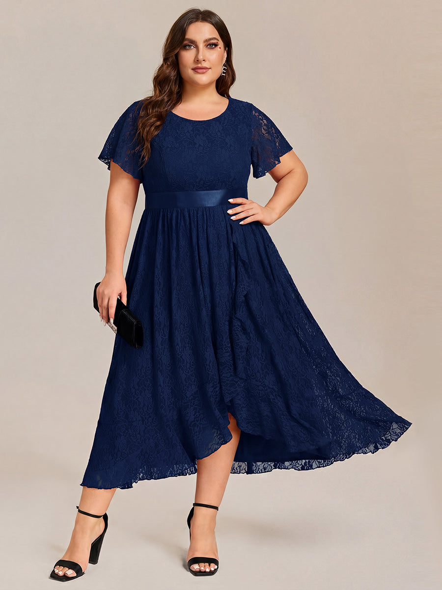 ever SEVYN|Short Sleeve Ruffled Empire Waist Lace Midi Formal Dress
