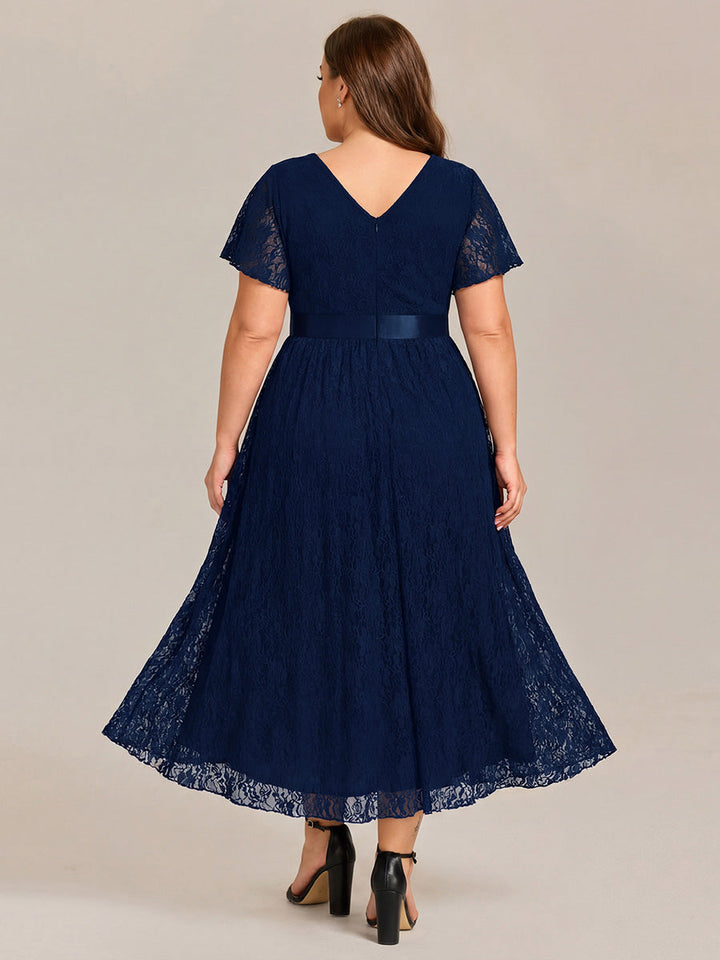 ever SEVYN|Short Sleeve Ruffled Empire Waist Lace Midi Formal Dress