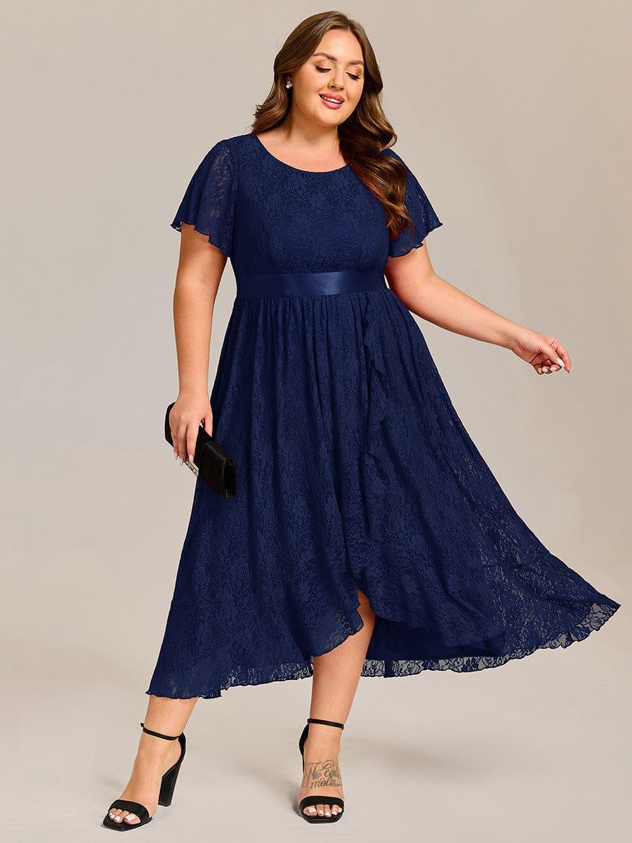 ever SEVYN|Short Sleeve Ruffled Empire Waist Lace Midi Formal Dress