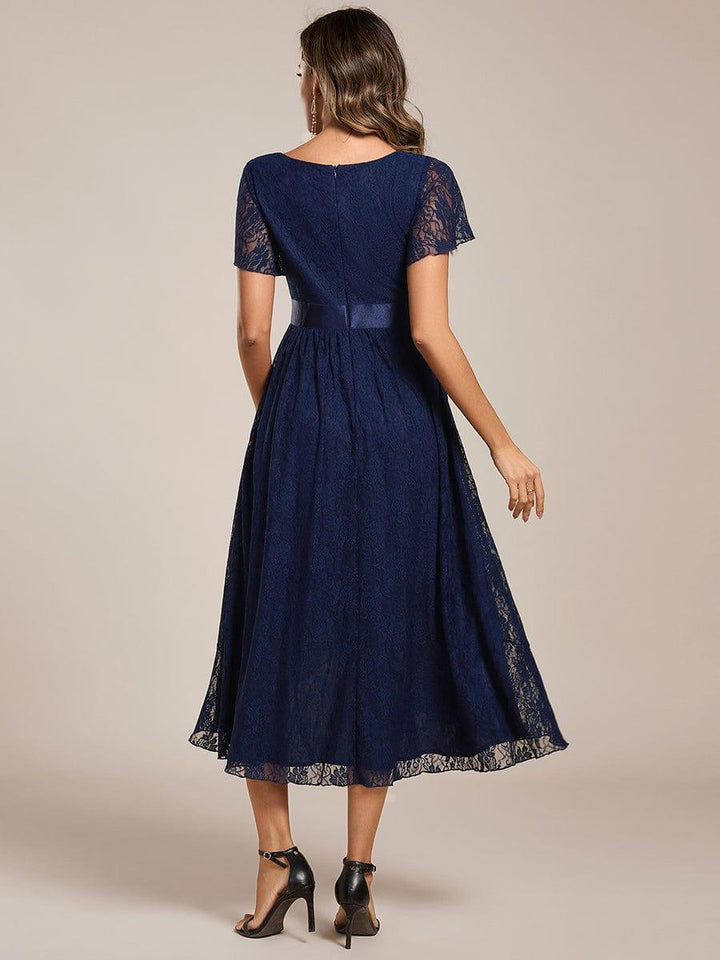 ever SEVYN|Short Sleeve Ruffled Empire Waist Lace Midi Formal Dress