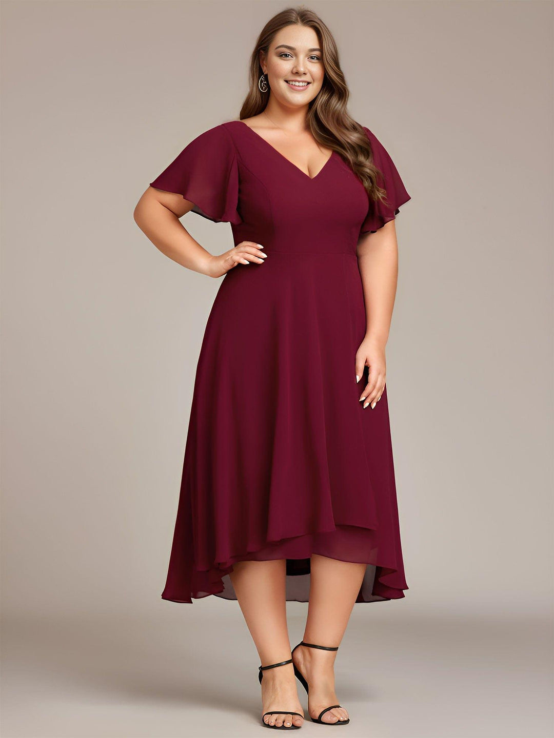 pretty AALIA|Plus Size Flowing Chiffon V-Neck Ruffle Sleeves Wedding Guest Dress