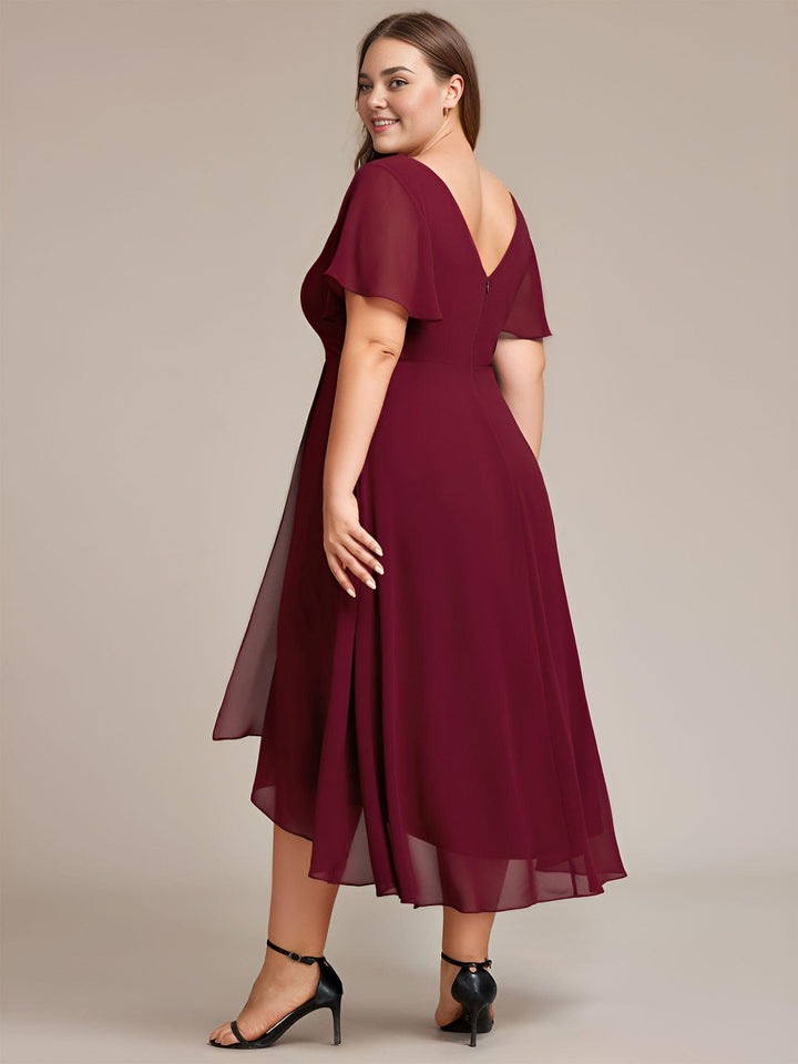 pretty AALIA|Plus Size Flowing Chiffon V-Neck Ruffle Sleeves Wedding Guest Dress