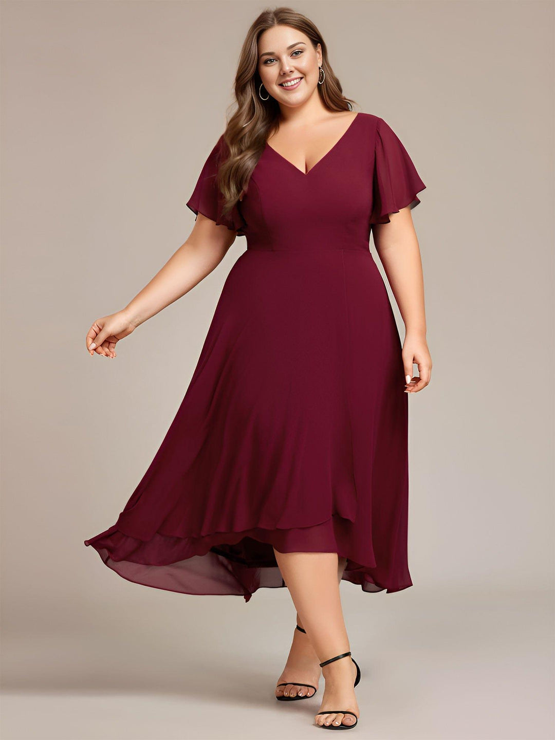 pretty AALIA|Plus Size Flowing Chiffon V-Neck Ruffle Sleeves Wedding Guest Dress