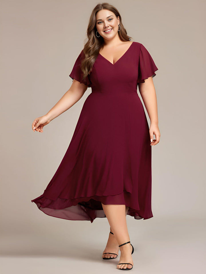 pretty AALIA|Plus Size Flowing Chiffon V-Neck Ruffle Sleeves Wedding Guest Dress