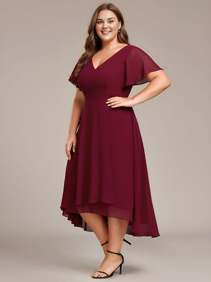 pretty AALIA|Plus Size Flowing Chiffon V-Neck Ruffle Sleeves Wedding Guest Dress