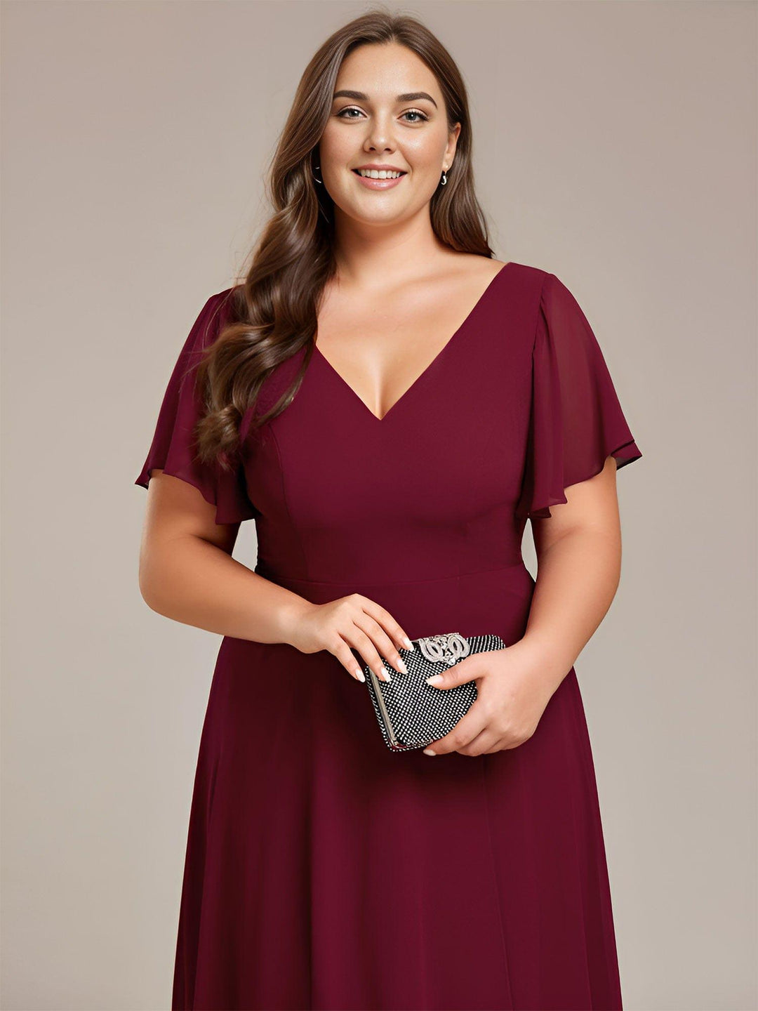 pretty AALIA|Plus Size Flowing Chiffon V-Neck Ruffle Sleeves Wedding Guest Dress