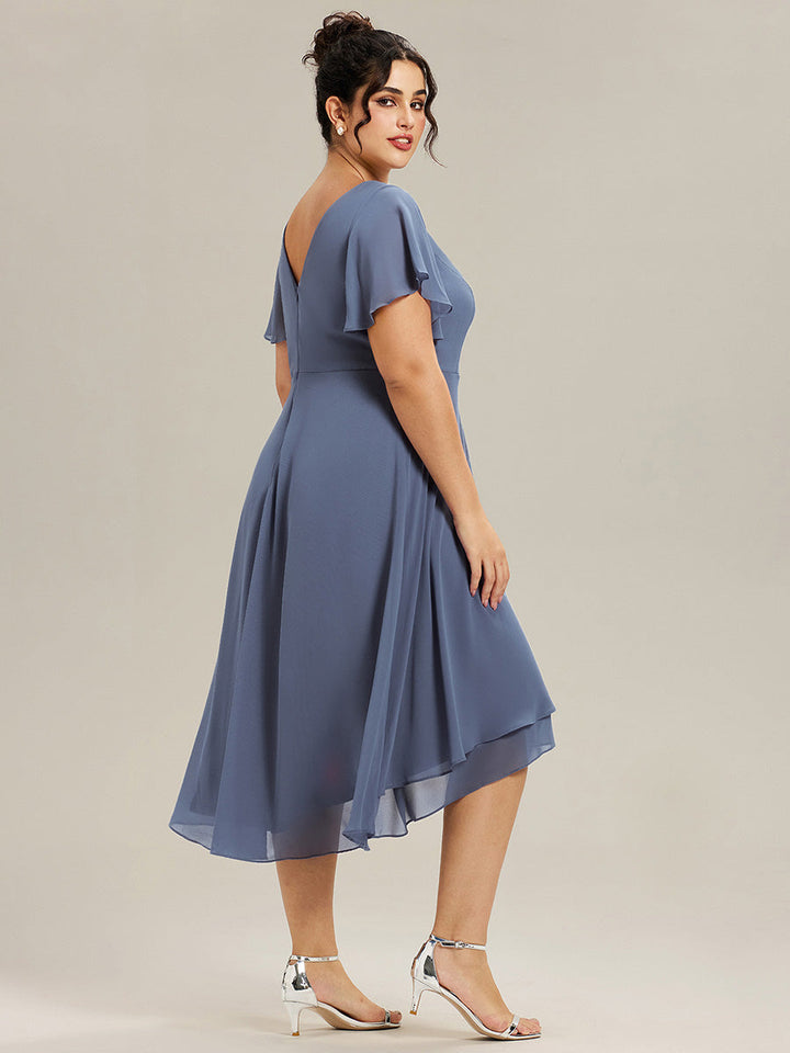 pretty AALIA|Plus Size Flowing Chiffon V-Neck Ruffle Sleeves Wedding Guest Dress