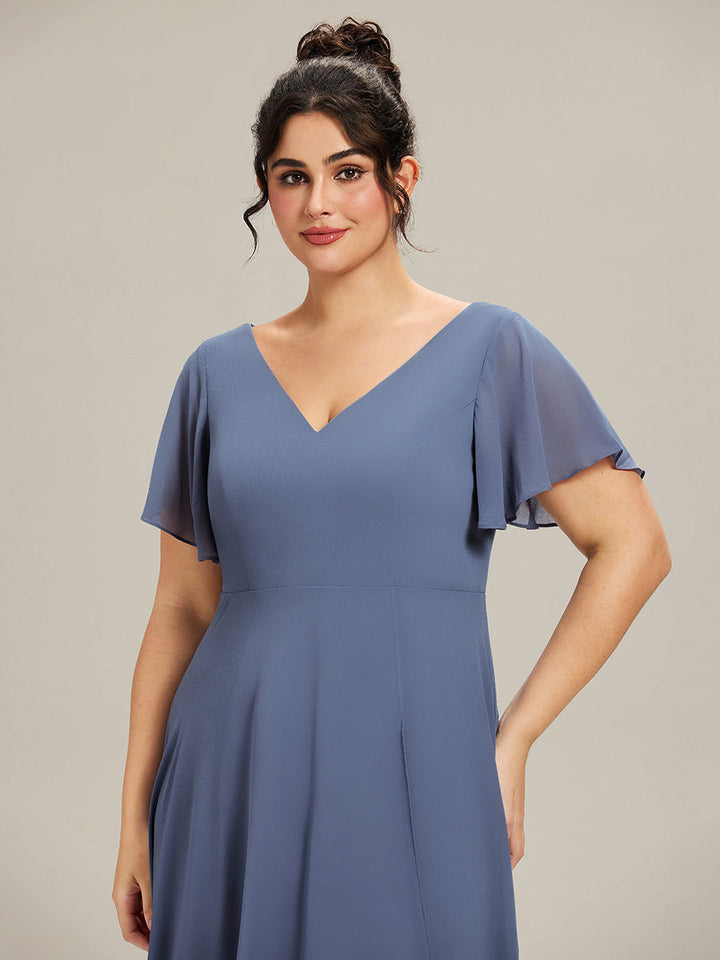 pretty AALIA|Plus Size Flowing Chiffon V-Neck Ruffle Sleeves Wedding Guest Dress