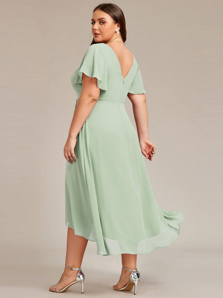pretty AALIA|Plus Size Flowing Chiffon V-Neck Ruffle Sleeves Wedding Guest Dress