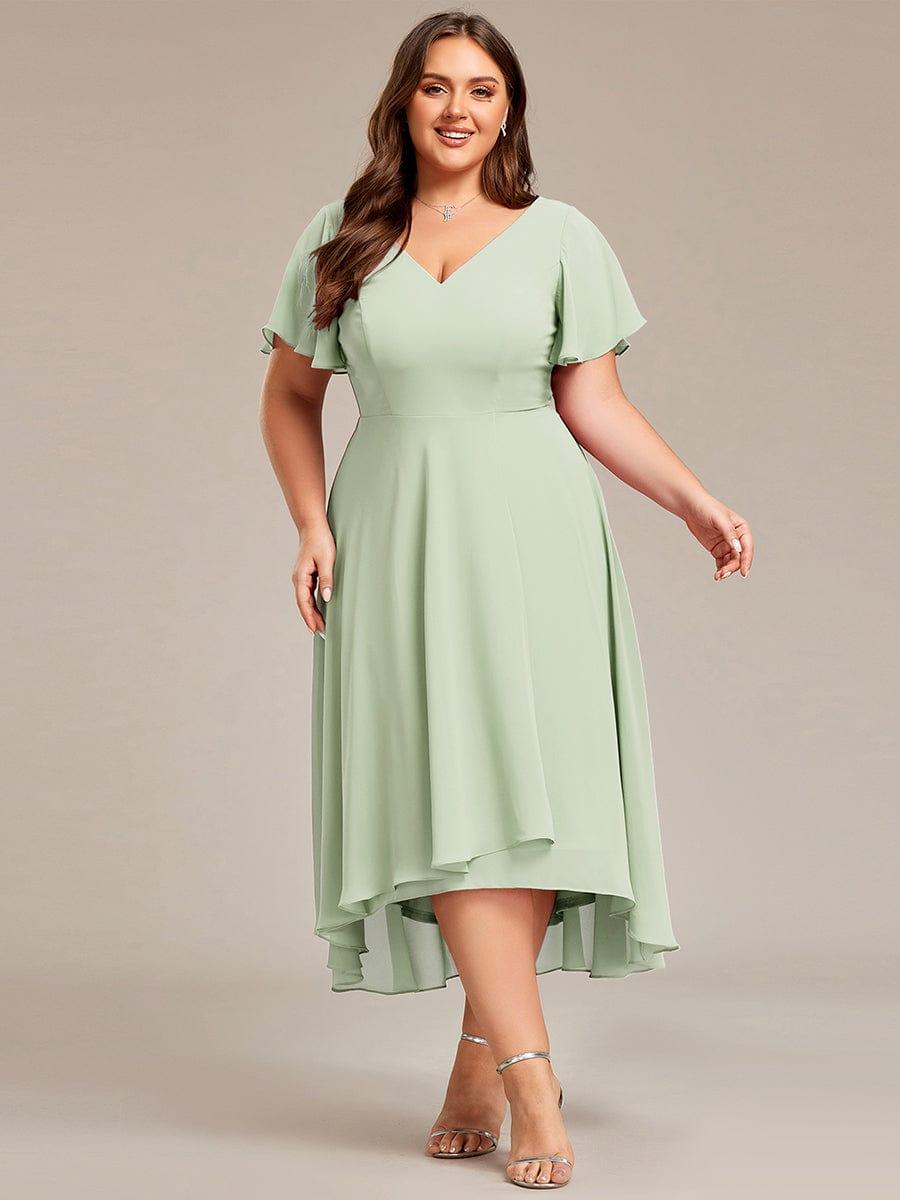 pretty AALIA|Plus Size Flowing Chiffon V-Neck Ruffle Sleeves Wedding Guest Dress