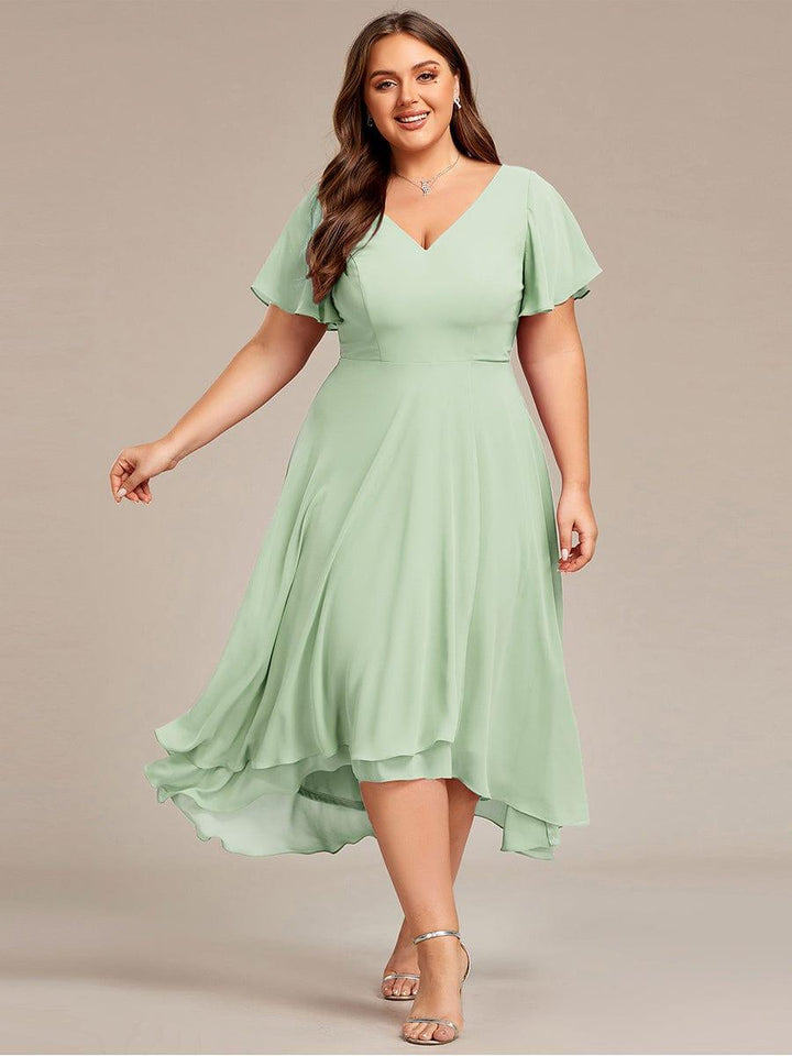 pretty AALIA|Plus Size Flowing Chiffon V-Neck Ruffle Sleeves Wedding Guest Dress