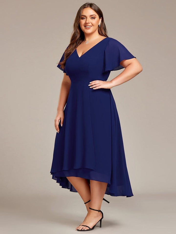 pretty AALIA|Plus Size Flowing Chiffon V-Neck Ruffle Sleeves Wedding Guest Dress