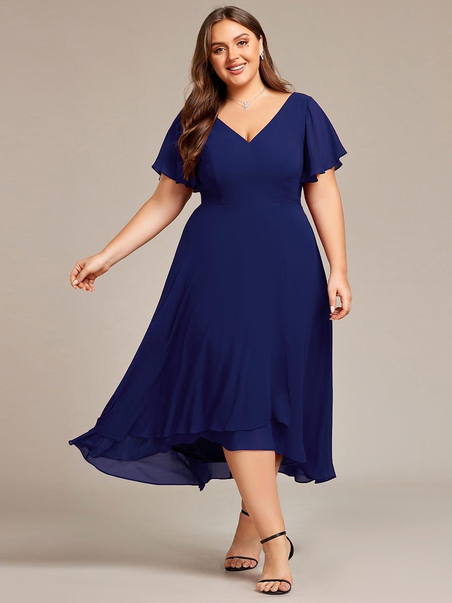 pretty AALIA|Plus Size Flowing Chiffon V-Neck Ruffle Sleeves Wedding Guest Dress