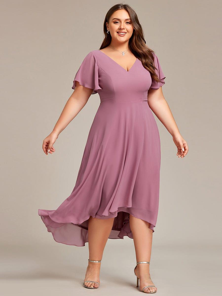 pretty AALIA|Plus Size Flowing Chiffon V-Neck Ruffle Sleeves Wedding Guest Dress