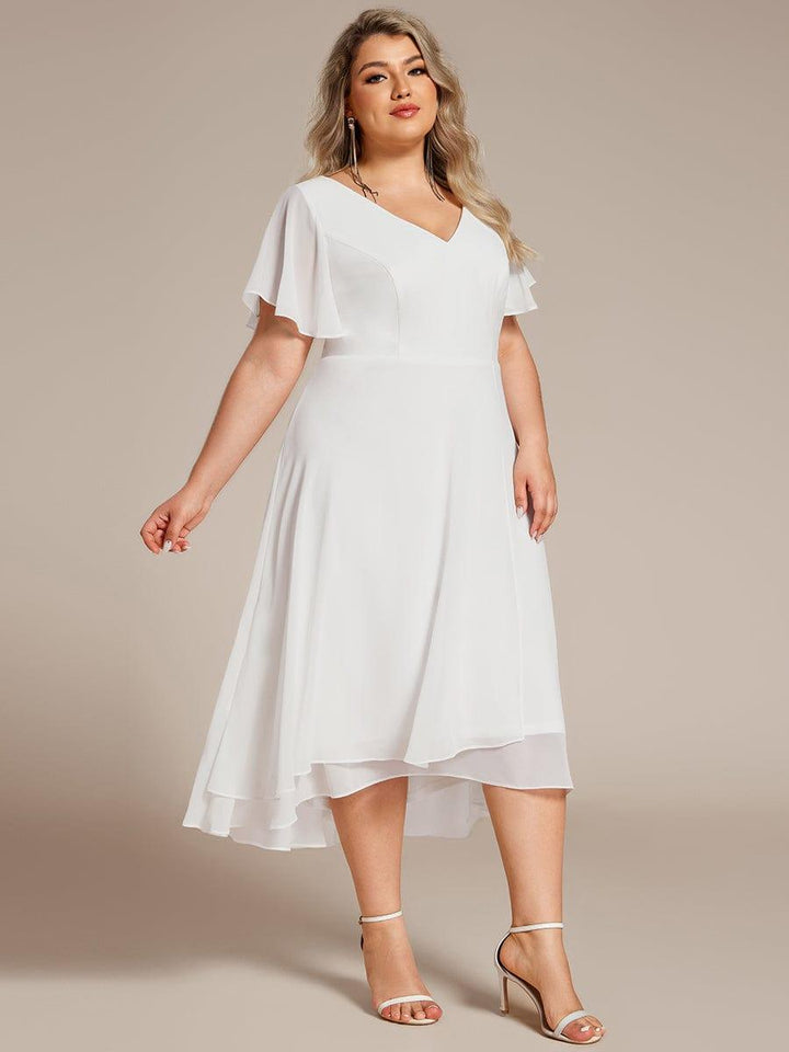 pretty AALIA|Plus Size Flowing Chiffon V-Neck Ruffle Sleeves Wedding Guest Dress