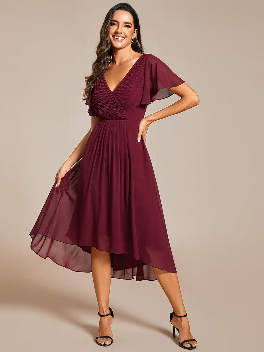 ever FAYE|Chic V Neck Asymmetrical Hem Ruffles Sleeve Pleated Chiffon Wedding Guest Dress