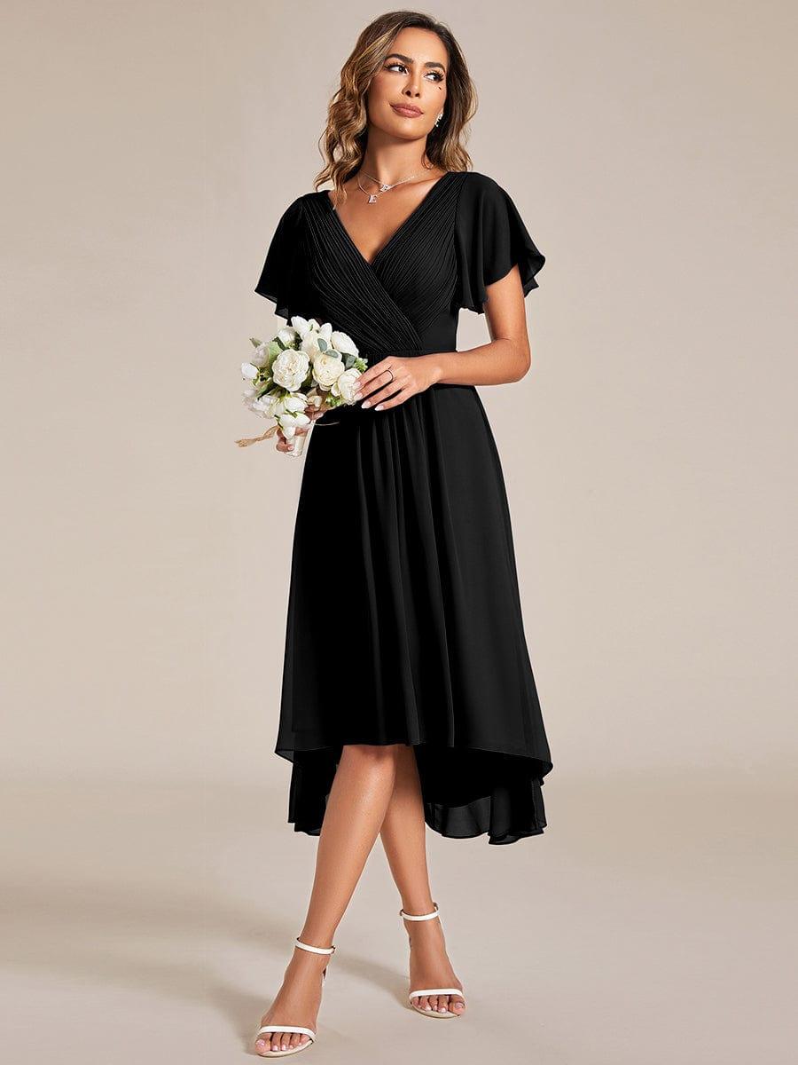 ever FAYE|Chic V Neck Asymmetrical Hem Ruffles Sleeve Pleated Chiffon Wedding Guest Dress