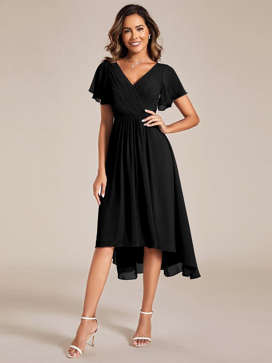 ever FAYE|Chic V Neck Asymmetrical Hem Ruffles Sleeve Pleated Chiffon Wedding Guest Dress