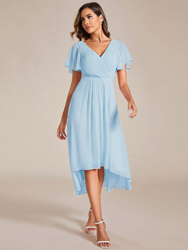 ever FAYE|Chic V Neck Asymmetrical Hem Ruffles Sleeve Pleated Chiffon Wedding Guest Dress