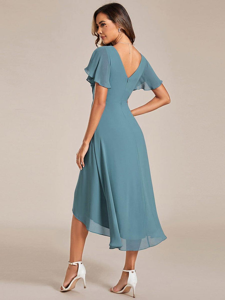 ever FAYE|Chic V Neck Asymmetrical Hem Ruffles Sleeve Pleated Chiffon Wedding Guest Dress