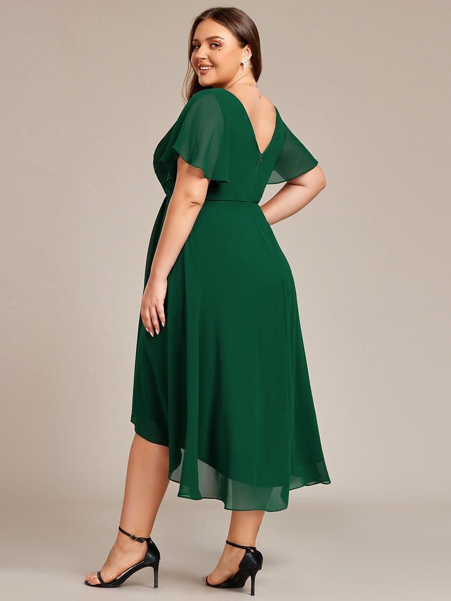 ever FAYE|Chic V Neck Asymmetrical Hem Ruffles Sleeve Pleated Chiffon Wedding Guest Dress