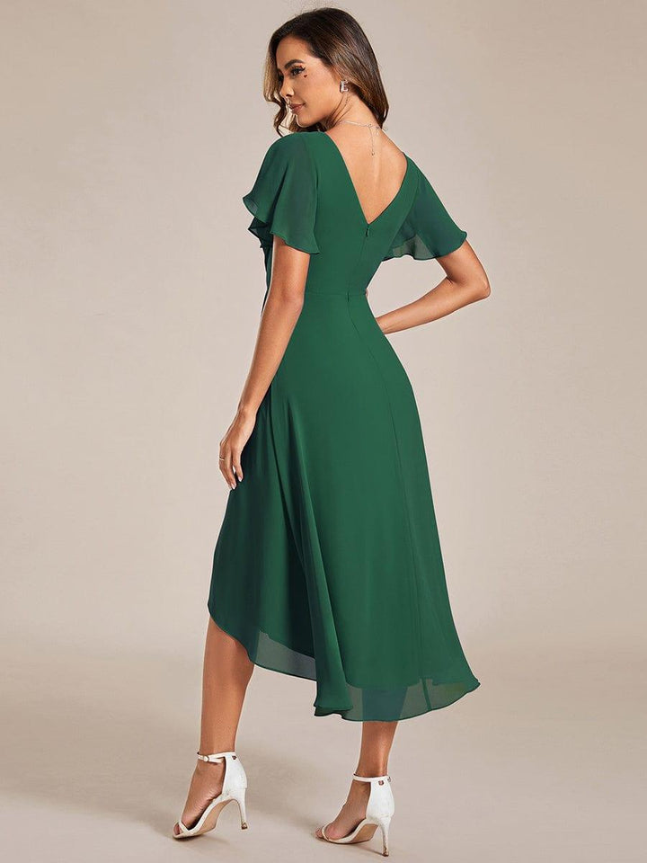 ever FAYE|Chic V Neck Asymmetrical Hem Ruffles Sleeve Pleated Chiffon Wedding Guest Dress