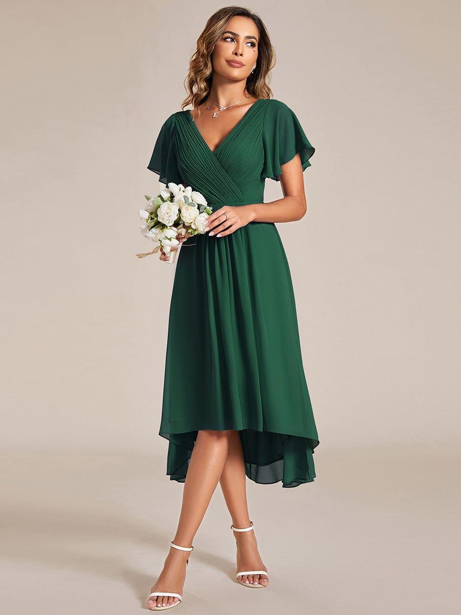 ever FAYE|Chic V Neck Asymmetrical Hem Ruffles Sleeve Pleated Chiffon Wedding Guest Dress