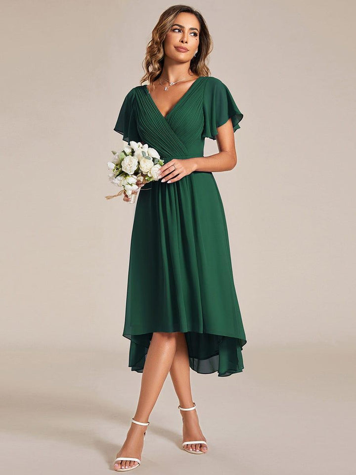 ever FAYE|Chic V Neck Asymmetrical Hem Ruffles Sleeve Pleated Chiffon Wedding Guest Dress