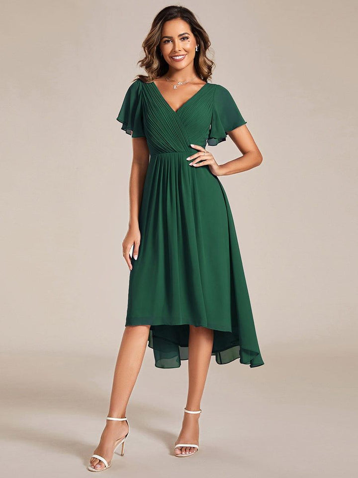ever FAYE|Chic V Neck Asymmetrical Hem Ruffles Sleeve Pleated Chiffon Wedding Guest Dress