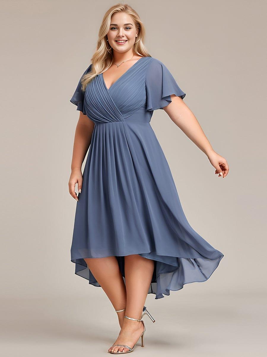 ever FAYE|Chic V Neck Asymmetrical Hem Ruffles Sleeve Pleated Chiffon Wedding Guest Dress