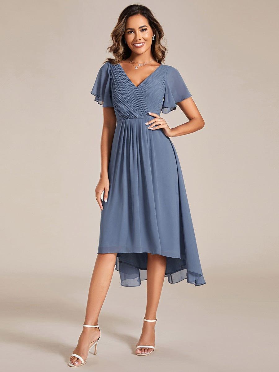 ever FAYE|Chic V Neck Asymmetrical Hem Ruffles Sleeve Pleated Chiffon Wedding Guest Dress