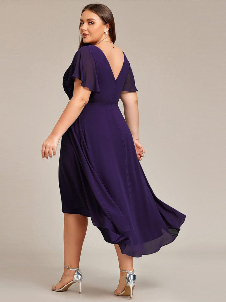 ever FAYE|Chic V Neck Asymmetrical Hem Ruffles Sleeve Pleated Chiffon Wedding Guest Dress