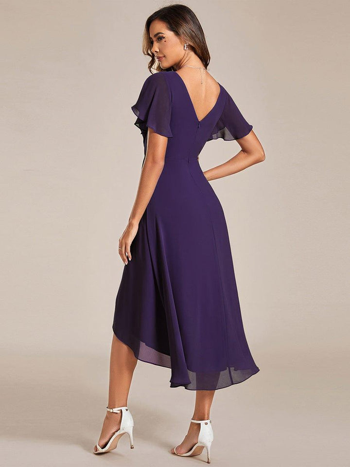 ever FAYE|Chic V Neck Asymmetrical Hem Ruffles Sleeve Pleated Chiffon Wedding Guest Dress