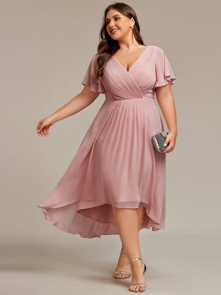 ever FAYE|Chic V Neck Asymmetrical Hem Ruffles Sleeve Pleated Chiffon Wedding Guest Dress