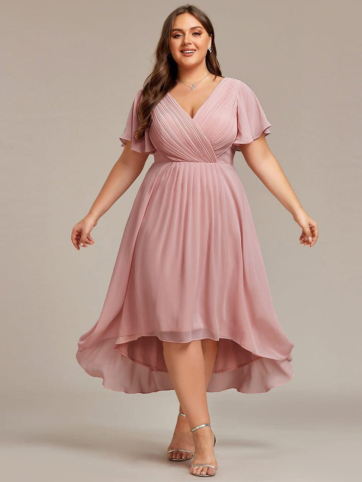 ever FAYE|Chic V Neck Asymmetrical Hem Ruffles Sleeve Pleated Chiffon Wedding Guest Dress