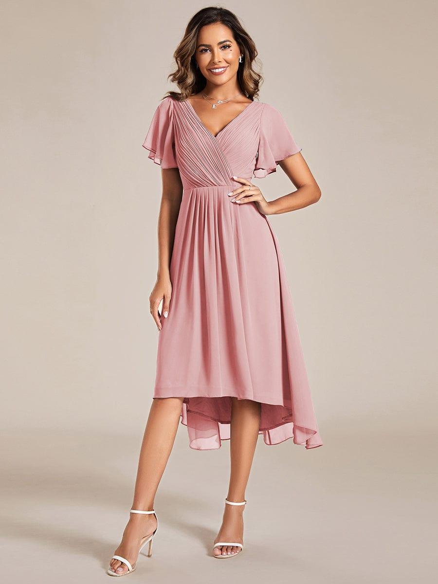 ever FAYE|Chic V Neck Asymmetrical Hem Ruffles Sleeve Pleated Chiffon Wedding Guest Dress