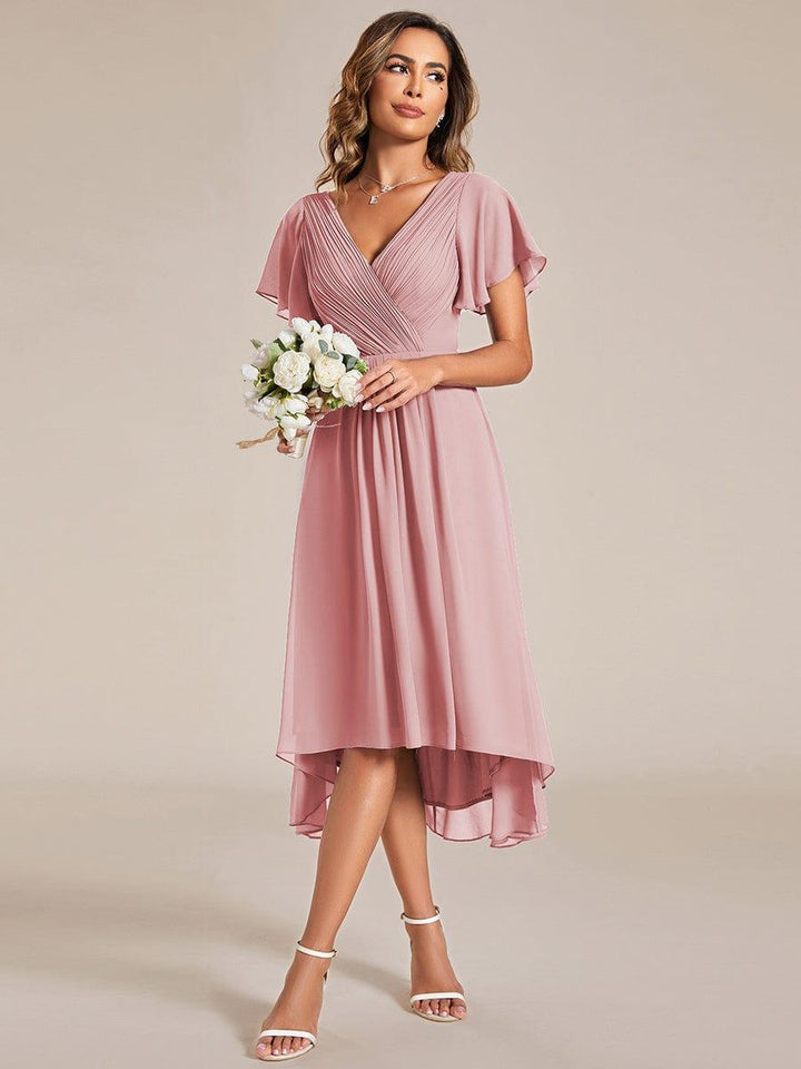 ever FAYE|Chic V Neck Asymmetrical Hem Ruffles Sleeve Pleated Chiffon Wedding Guest Dress