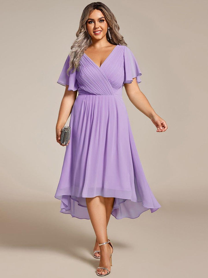 ever FAYE|Chic V Neck Asymmetrical Hem Ruffles Sleeve Pleated Chiffon Wedding Guest Dress