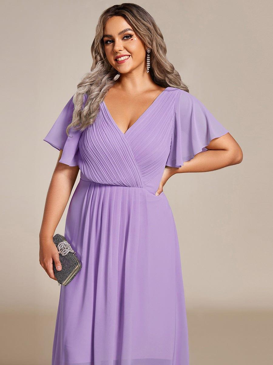 ever FAYE|Chic V Neck Asymmetrical Hem Ruffles Sleeve Pleated Chiffon Wedding Guest Dress