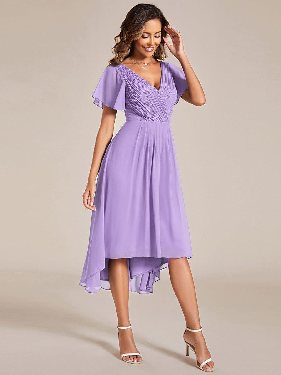 ever FAYE|Chic V Neck Asymmetrical Hem Ruffles Sleeve Pleated Chiffon Wedding Guest Dress
