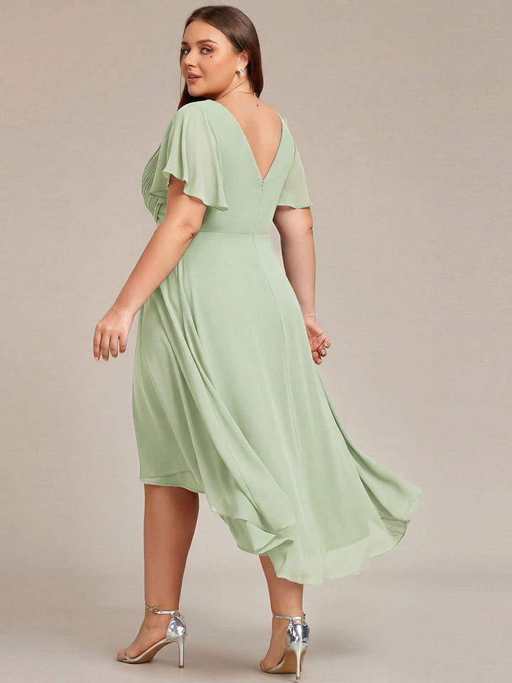 ever FAYE|Chic V Neck Asymmetrical Hem Ruffles Sleeve Pleated Chiffon Wedding Guest Dress