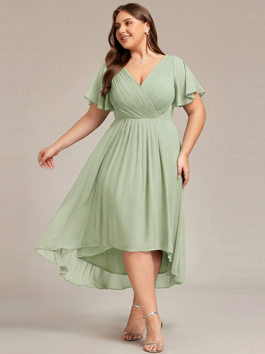 ever FAYE|Chic V Neck Asymmetrical Hem Ruffles Sleeve Pleated Chiffon Wedding Guest Dress