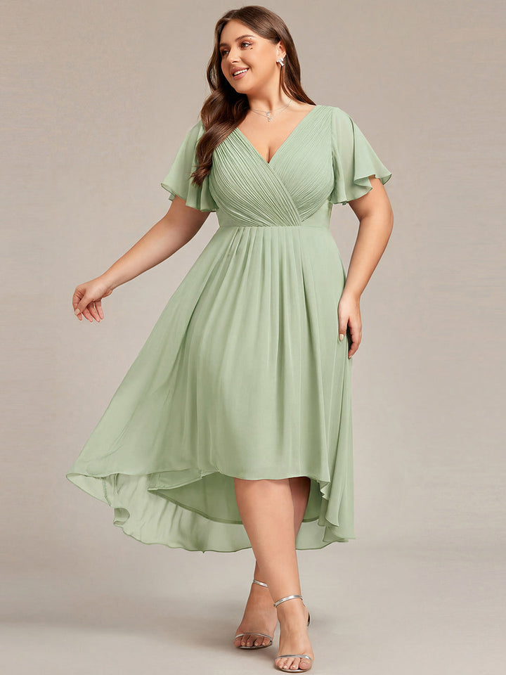 ever FAYE|Chic V Neck Asymmetrical Hem Ruffles Sleeve Pleated Chiffon Wedding Guest Dress