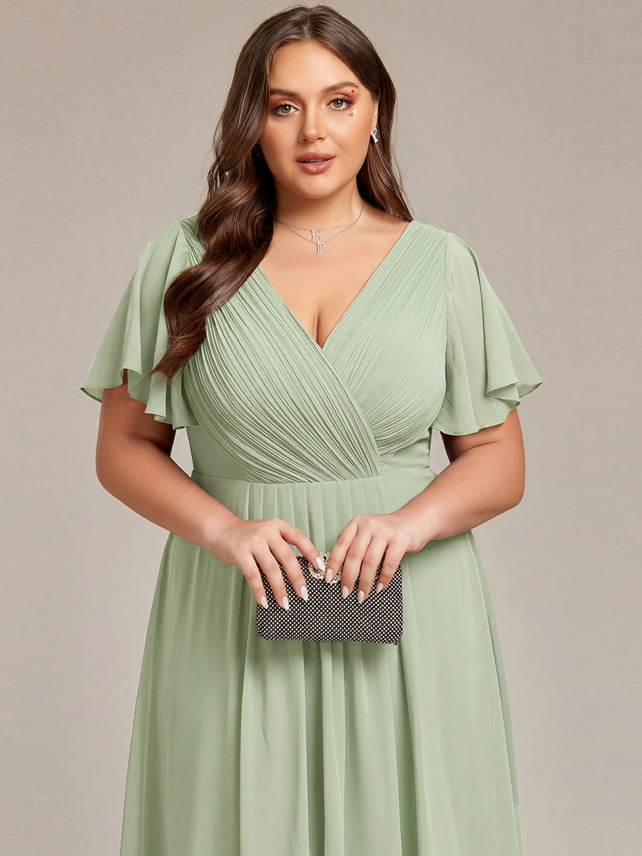 ever FAYE|Chic V Neck Asymmetrical Hem Ruffles Sleeve Pleated Chiffon Wedding Guest Dress