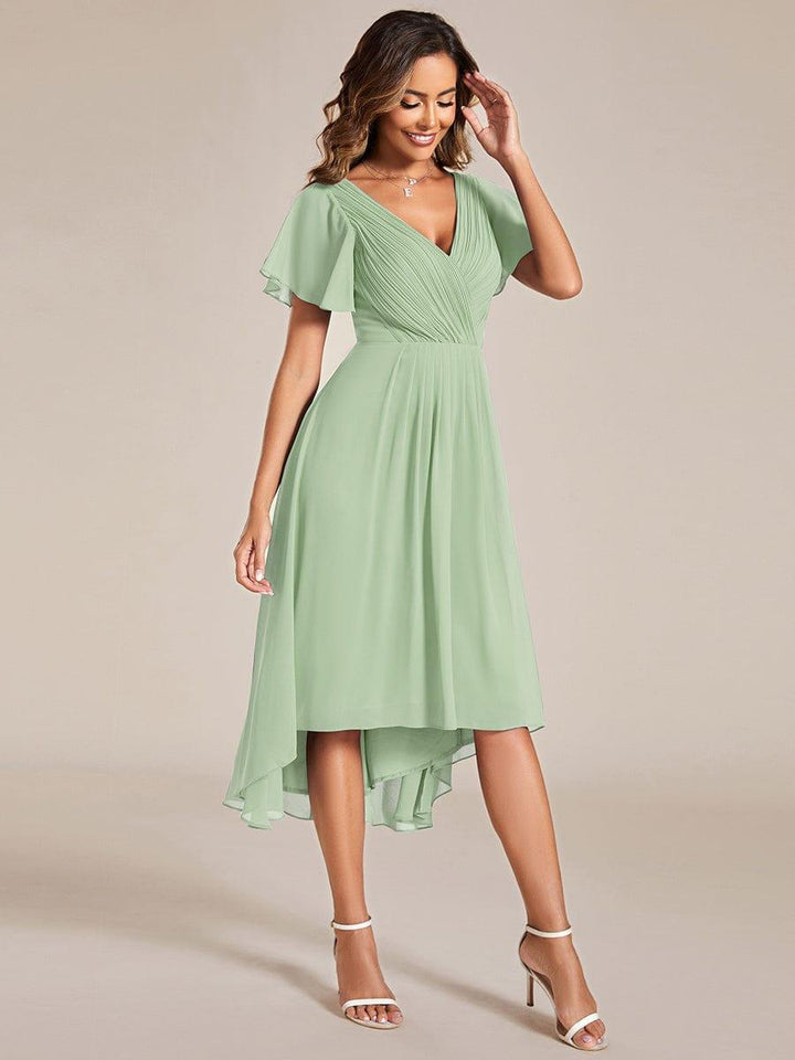 ever FAYE|Chic V Neck Asymmetrical Hem Ruffles Sleeve Pleated Chiffon Wedding Guest Dress