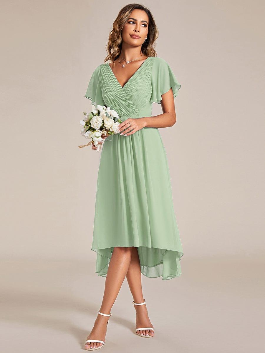 ever FAYE|Chic V Neck Asymmetrical Hem Ruffles Sleeve Pleated Chiffon Wedding Guest Dress
